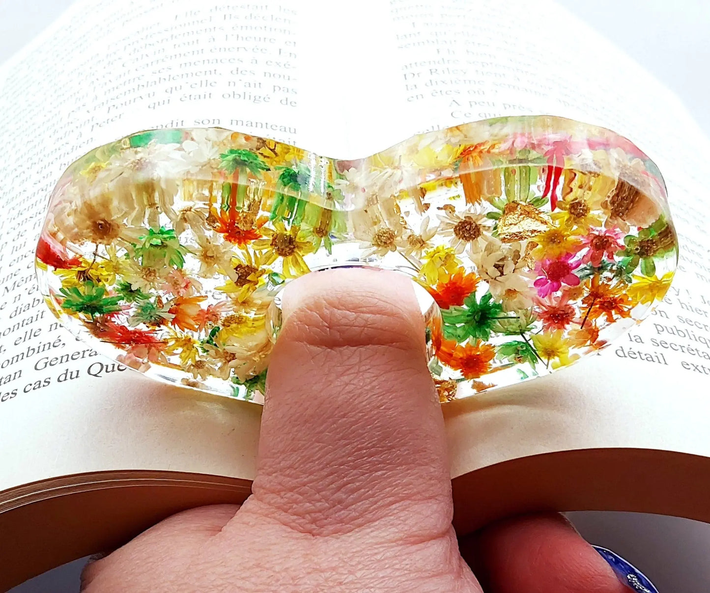 Bague de lecture Coeur en résine, fleurs multicolores, mode d'emploi