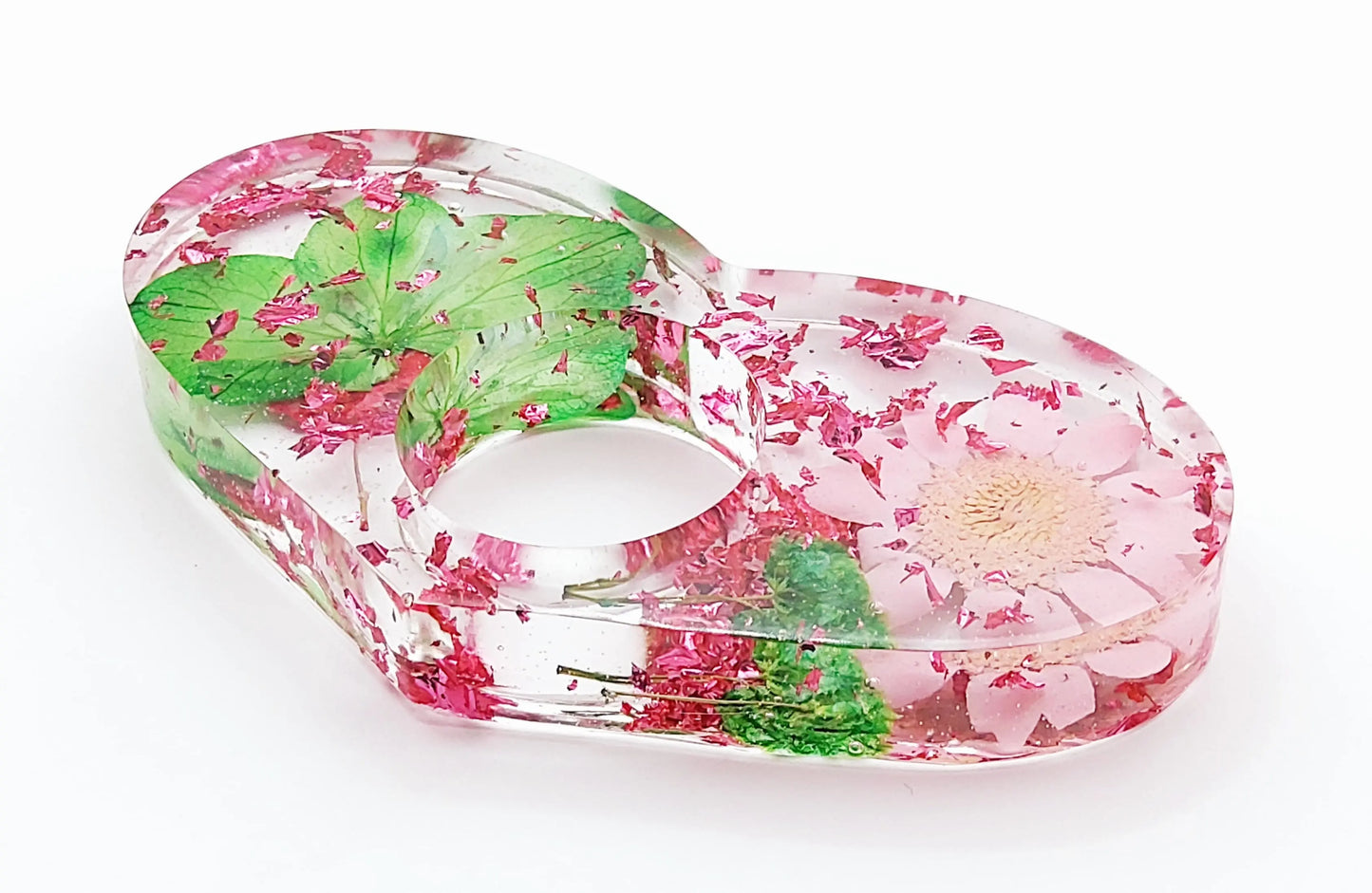Bague de lecture "Coeur" en résine époxy, Fleurs roses et vertes. Feuille d'alu fuchsia.
