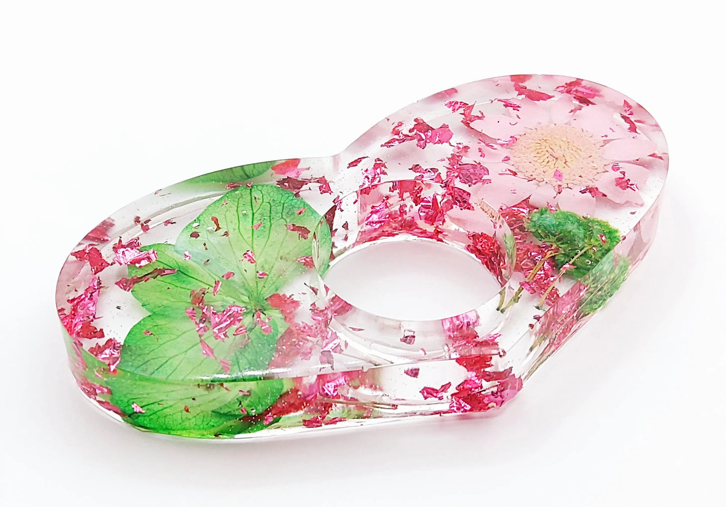 Bague de lecture "Coeur" en résine époxy, Fleurs roses et vertes. Feuille d'alu fuchsia.