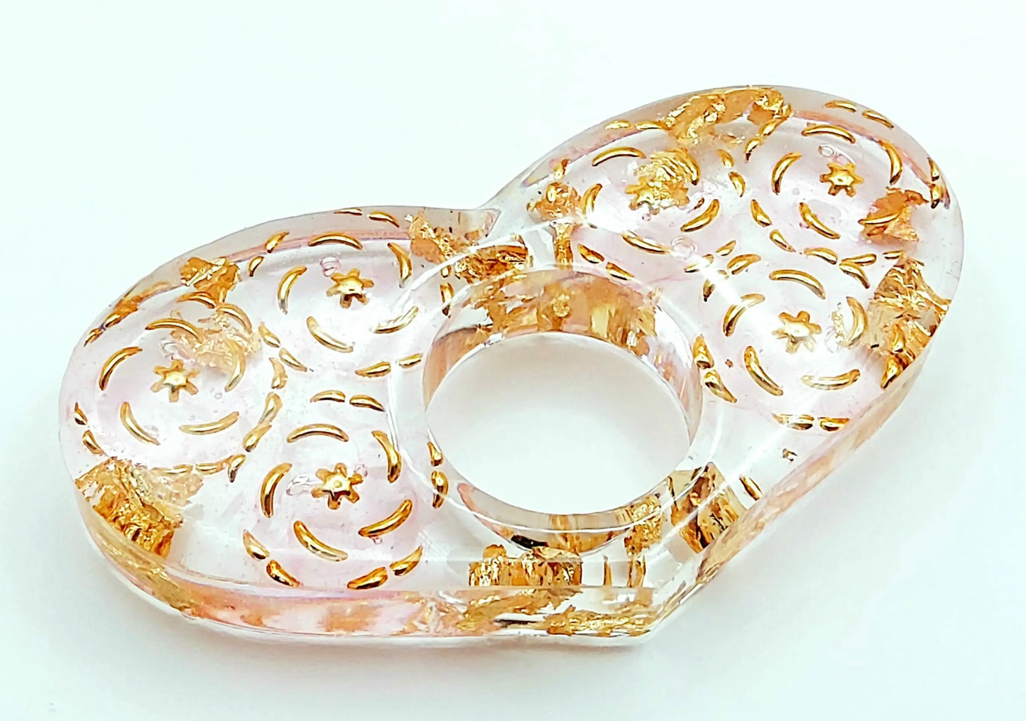 Bague de lecture "Coeur" en résine époxy. Perles fleurs roses et or.