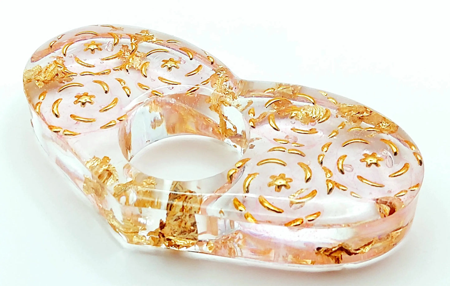 Bague de lecture "Coeur" en résine époxy. Perles fleurs roses et or.