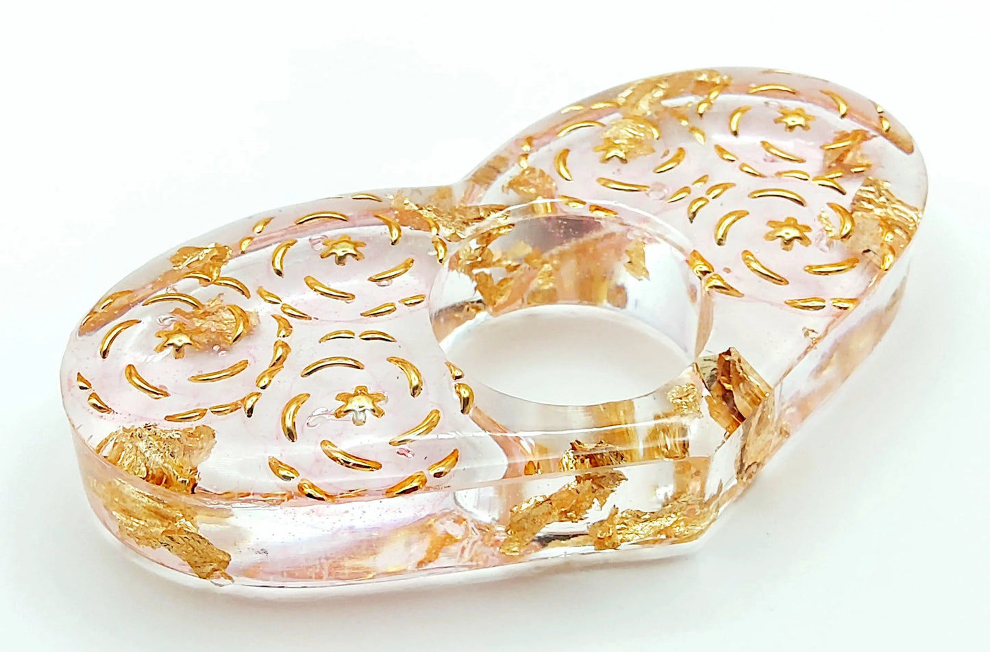 Bague de lecture "Coeur" en résine époxy. Perles fleurs roses et or.
