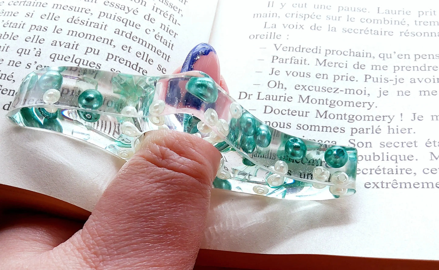 Bague de lecture Vague en résine époxy, perles vertes et blanches, mode d'emploi