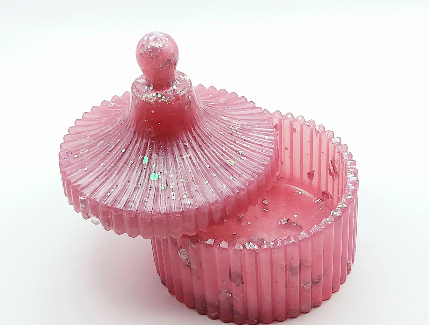 Boîte en résine époxy, Rose et feuille d'argent, semi-ouverte