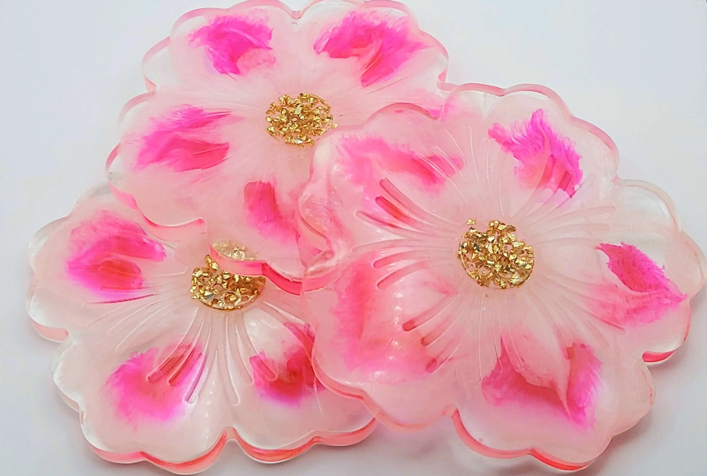 Dessous de verres en résine époxy, fleurs roses et blanches