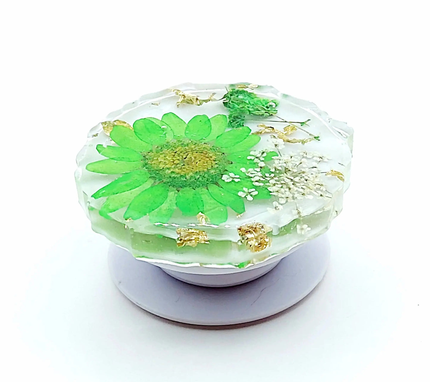 Grip pour téléphone en résine époxy, fleurs vertes et blanches. Vue de côté.