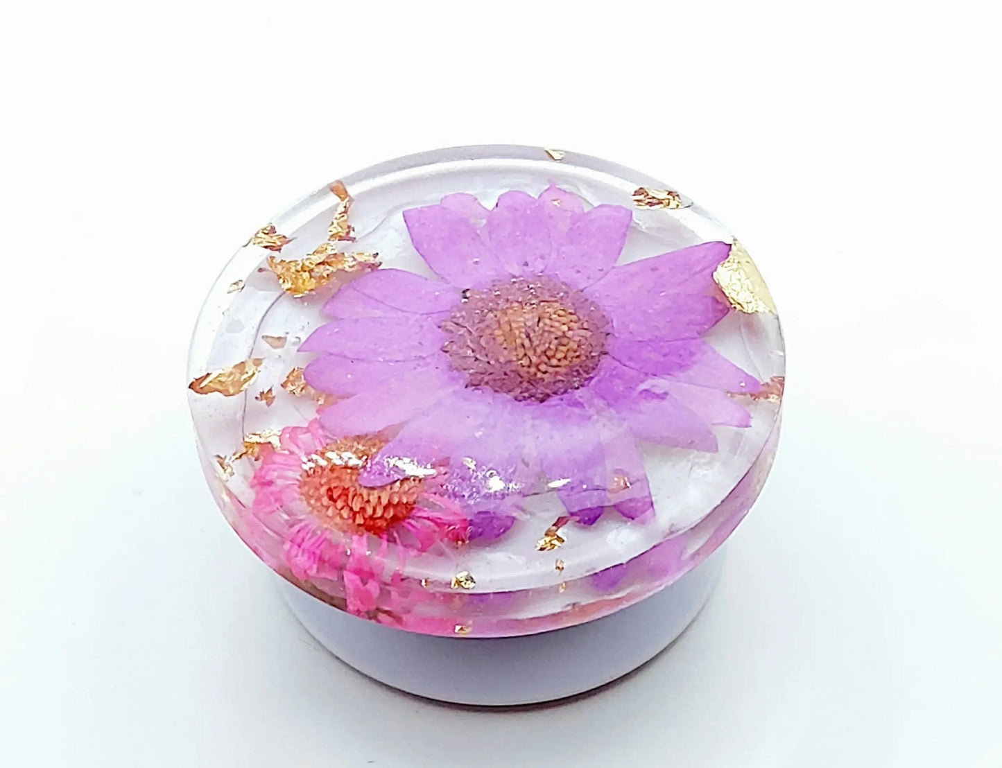 Grip pour téléphone en résine époxy. Fleurs violettes et roses. Feuille d'or.