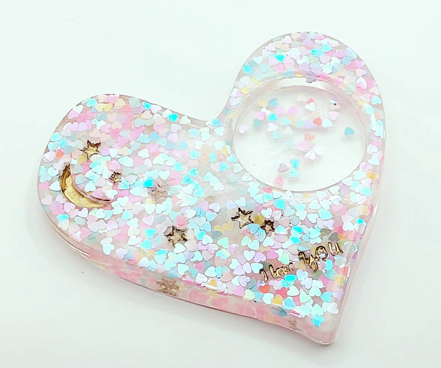 Porte-bougie "Coeur" en résine époxy. Transparent et paillettes coeurs.
