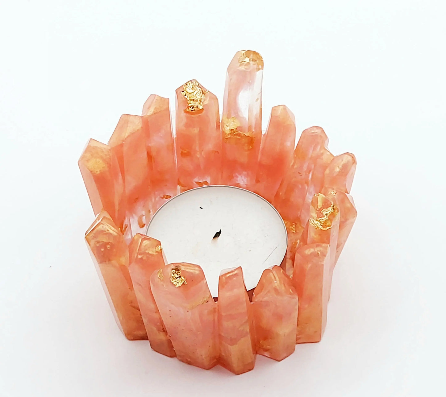 Porte-bougie "Cristal" en résine époxy. Orange doré et feuille d'or.
