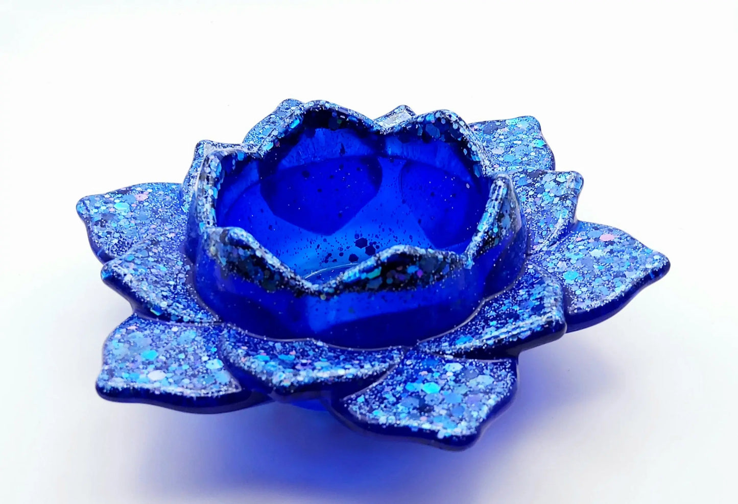 Porte bougie "Grande Fleur de Lotus" - Bleu avec paillettes - PRETTY RESINE