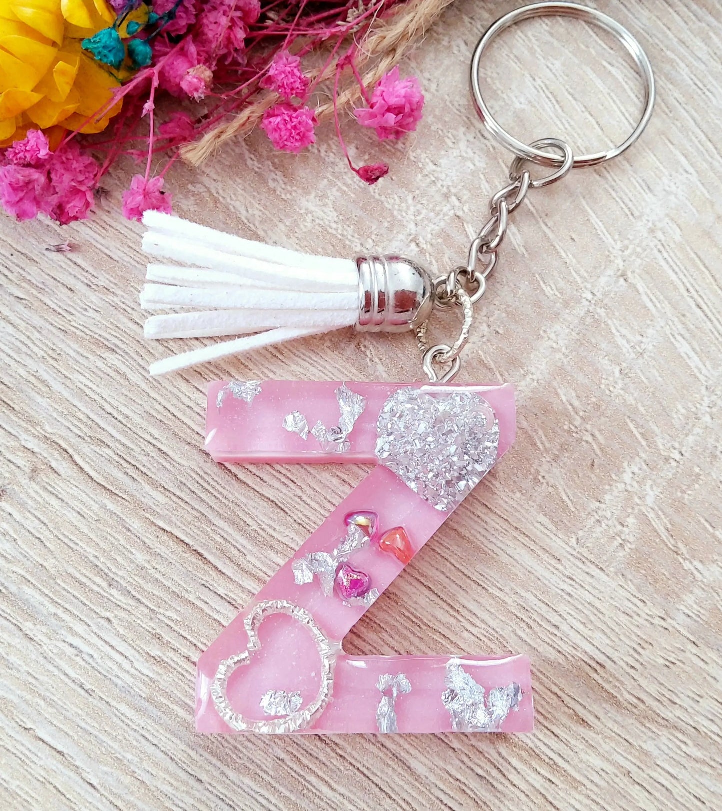 Porte-clés LETTRE Z en résine époxy. Rose et argent - PRETTY RESINE