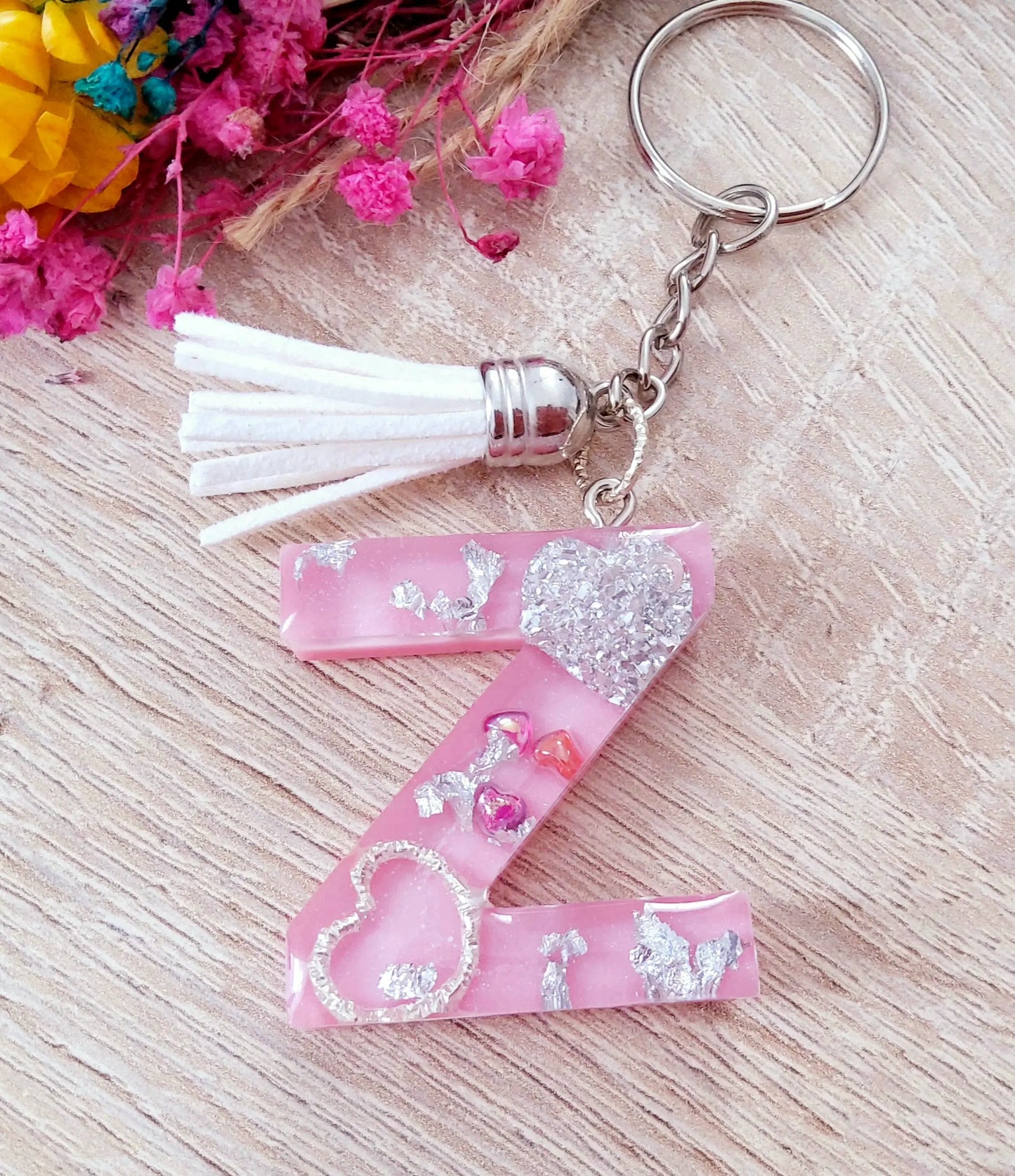 Porte-clés LETTRE Z en résine époxy. Rose et argent - PRETTY RESINE