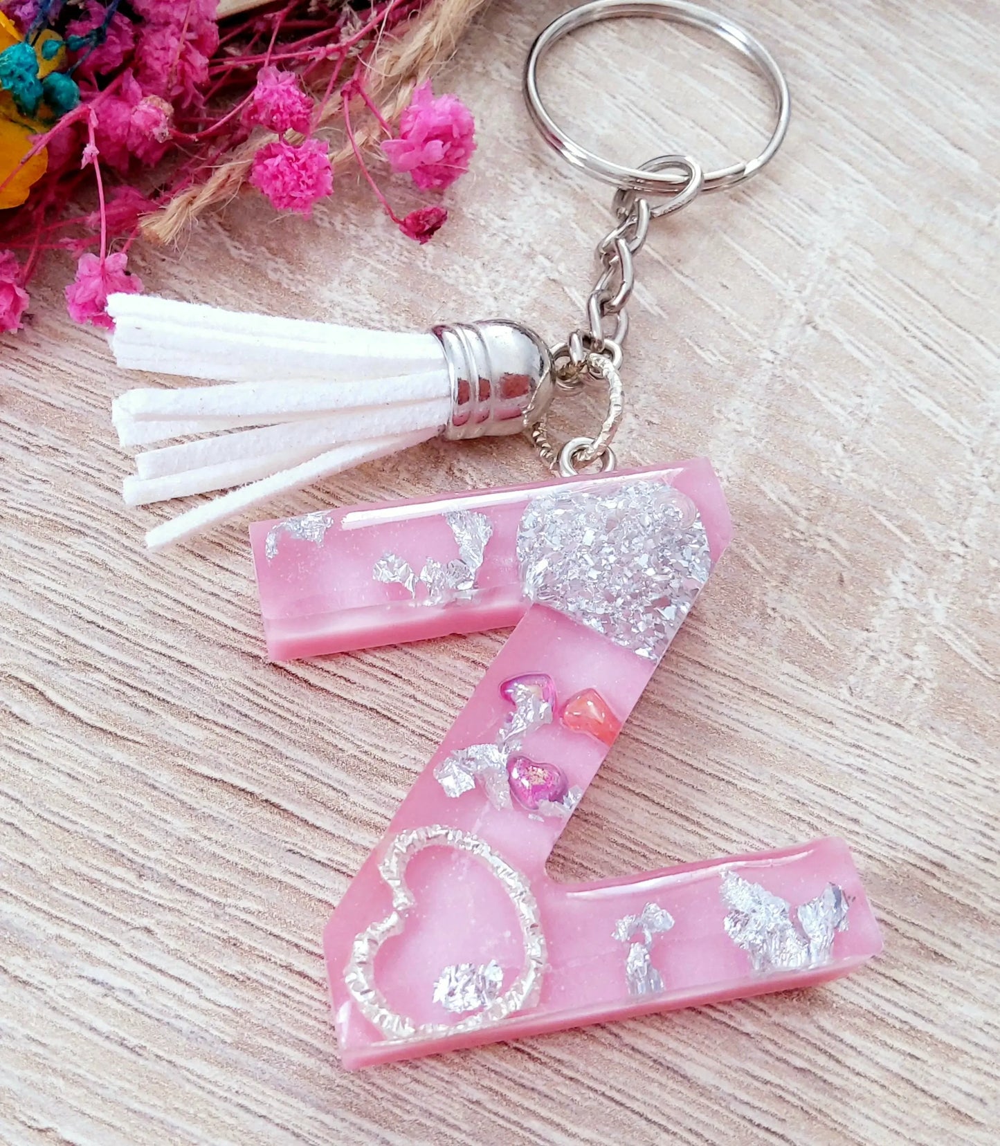 Porte-clés LETTRE Z en résine époxy. Rose et argent - PRETTY RESINE
