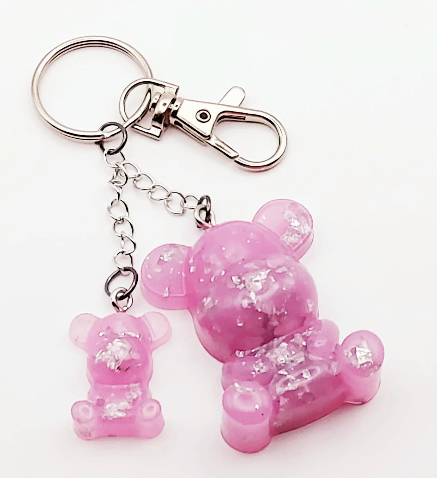 Porte-clés Maman Ours, en résine - Avec petit ourson - Rose et feuille d'argent - PRETTY RESINE