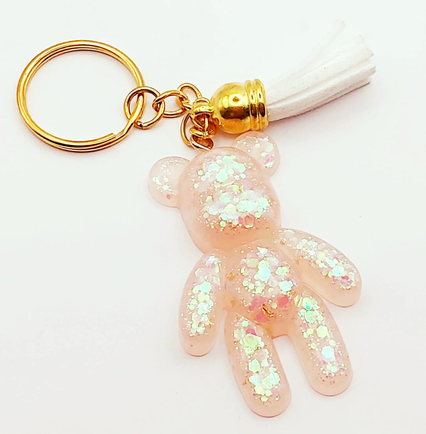 Porte-clés Papa Ours, en résine - Rose pâle et paillettes holographiques blanches - PRETTY RESINE
