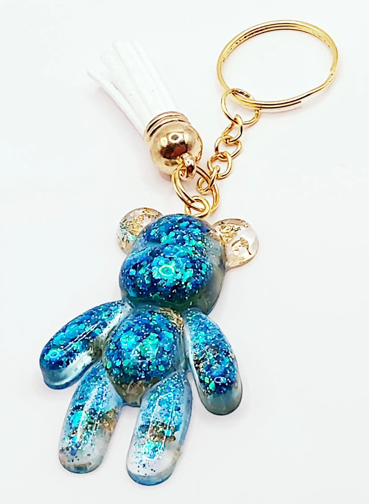 Porte-clés Papa Ours, en résine - Transparent, paillettes holographiques bleues et feuille d'or - PRETTY RESINE