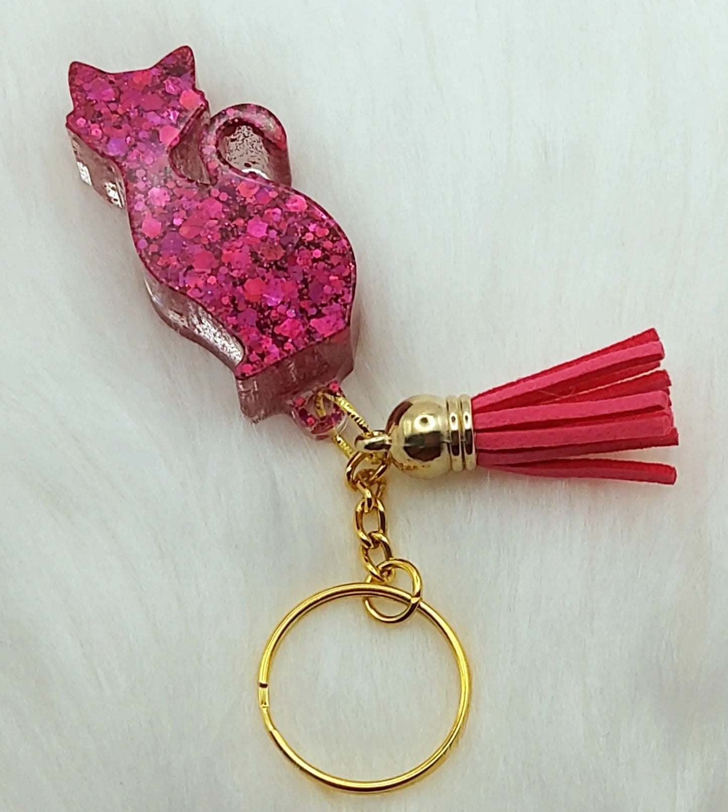 Porte-clés CHAT DEBOUT, paillettes fuchsia.