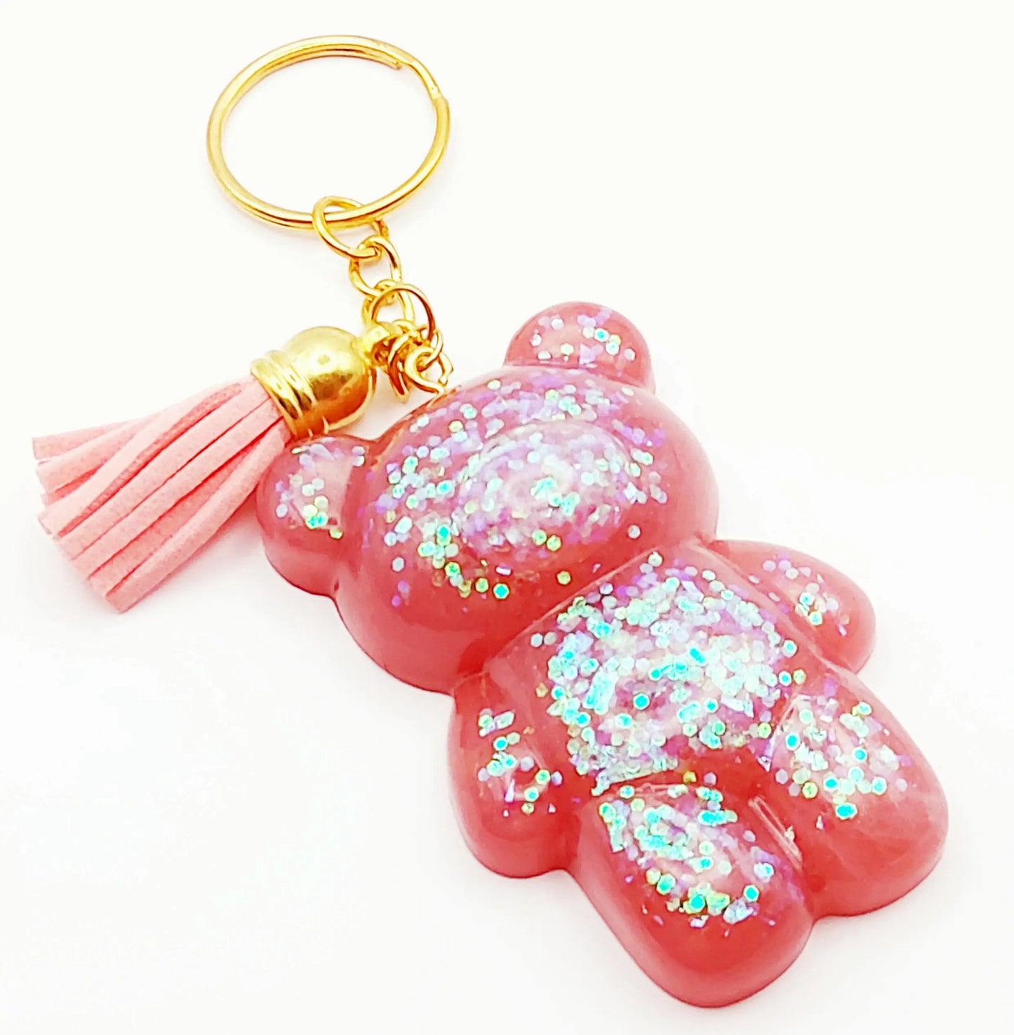 Porte-clés "Gros Ours" en résine époxy, paillettes holographiques roses