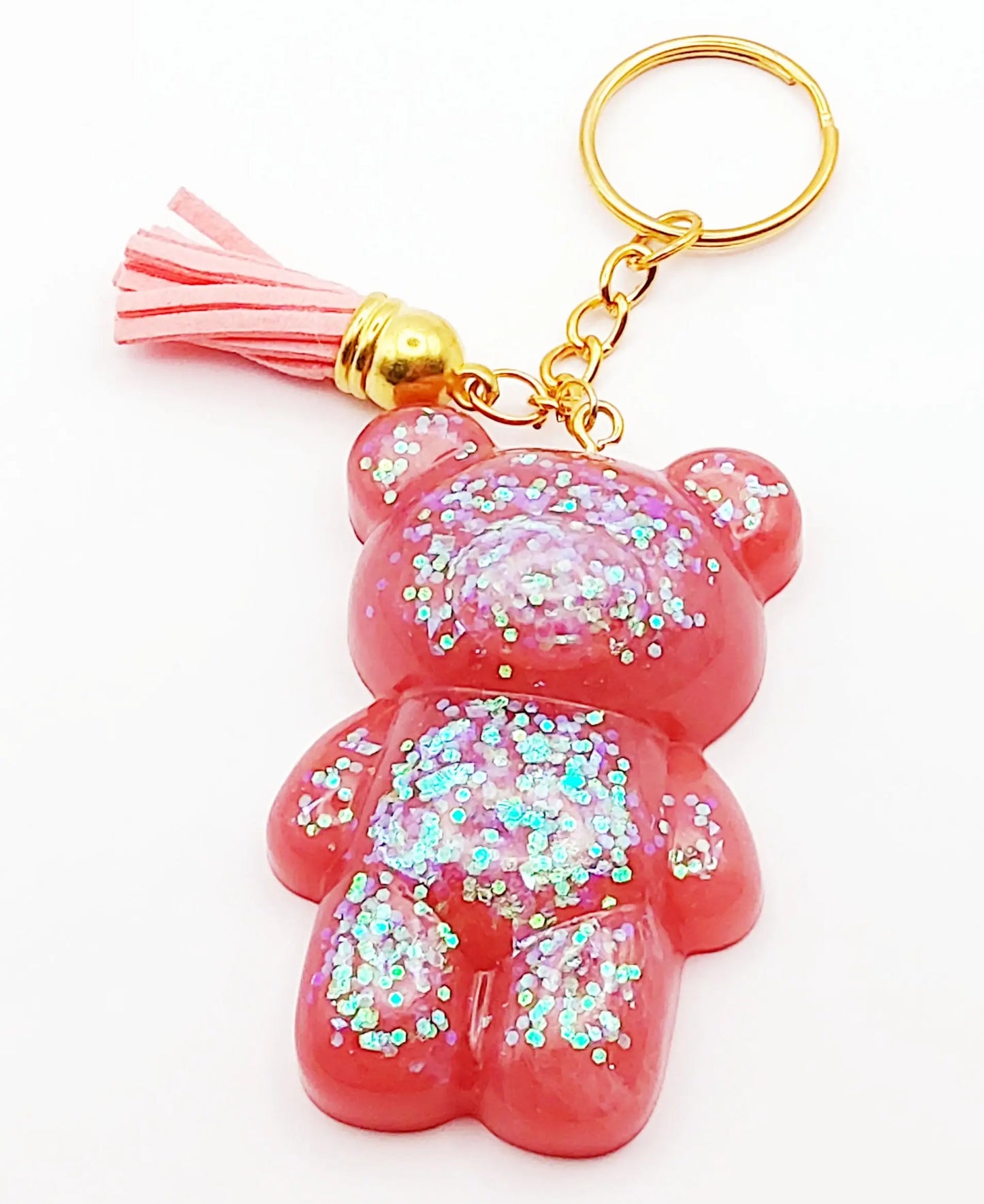 Porte-clés "Gros Ours" en résine époxy, paillettes holographiques roses et pompon gland rose pastel