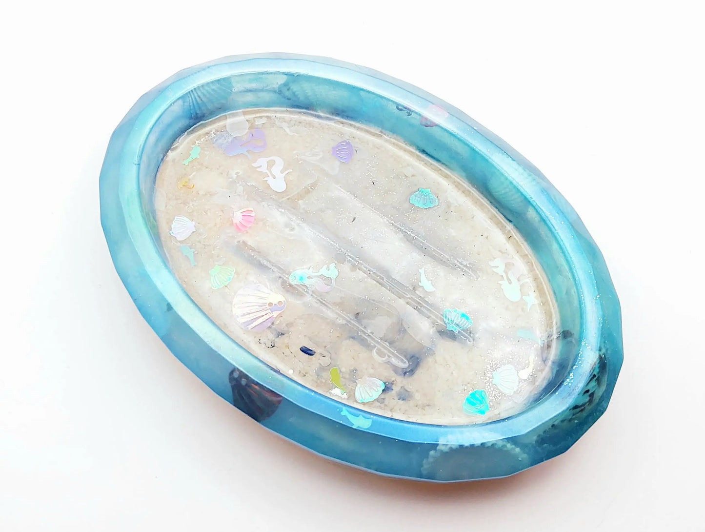 Porte-savon ovale en résine époxy, thème océan, bleu, sable et coquillages