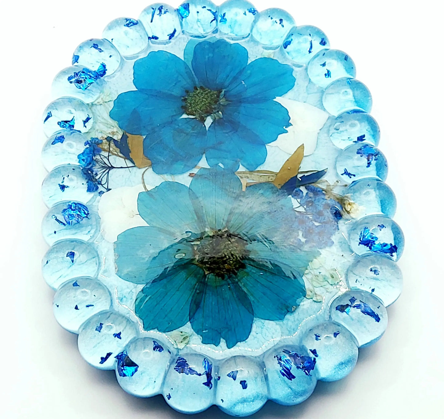 Vide-poches "Bulles" ovale en résine époxy. Fleurs bleues.