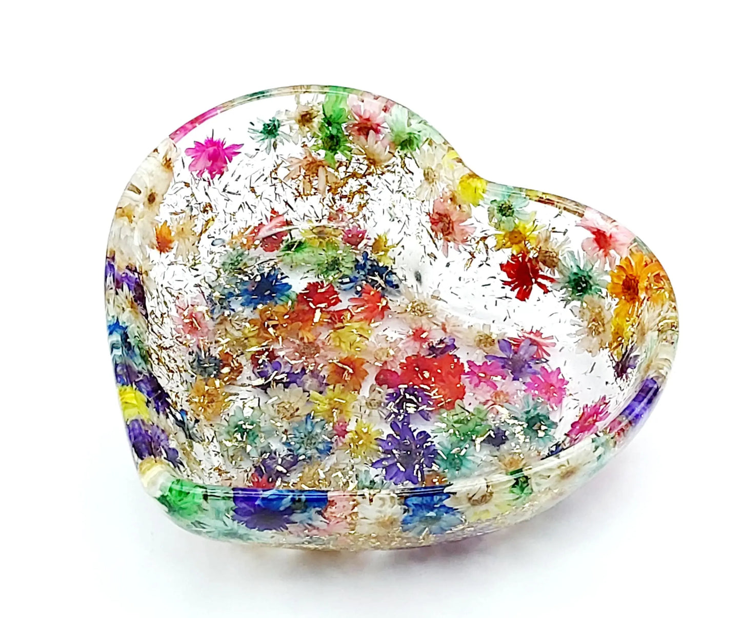 Vide-poches "Petit Coeur" en résine époxy, fleurs multicolores et paillettes dorées.