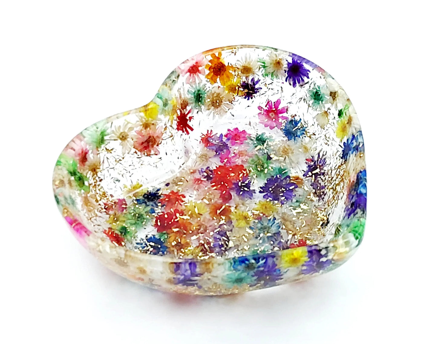 Vide-poches "Petit Coeur" en résine époxy, fleurs multicolores et paillettes dorées.