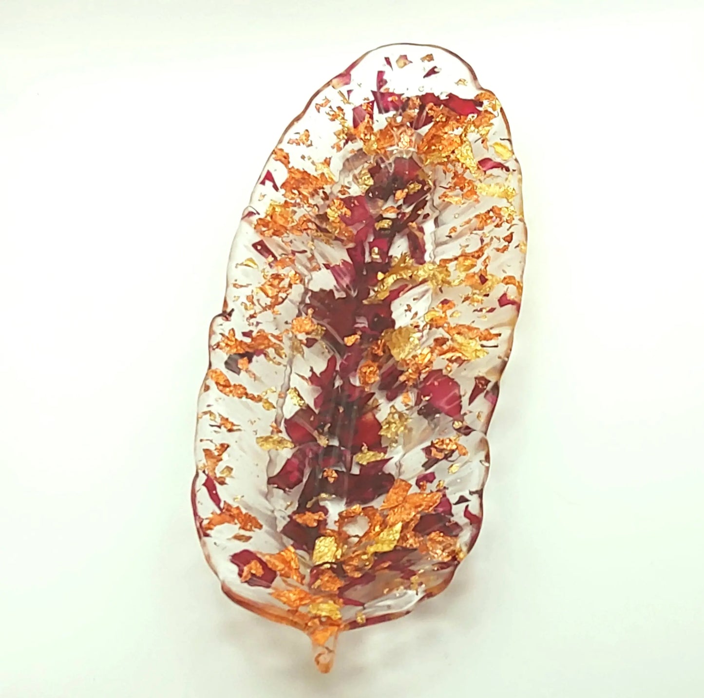 Vide-poches "Plume" en résine époxy , pétales de roses, feuilles dorées et cuivrées