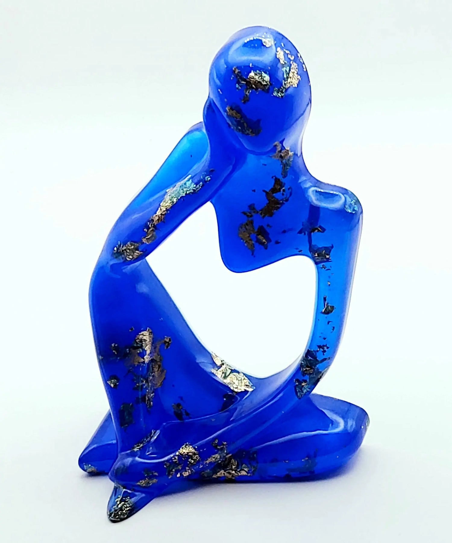 Statuette Le Penseur - Bleu et feuilles d'or - PRETTY RESINE