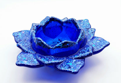 Porte bougie "Grande Fleur de Lotus" - Bleu avec paillettes  - PRETTY RESINE