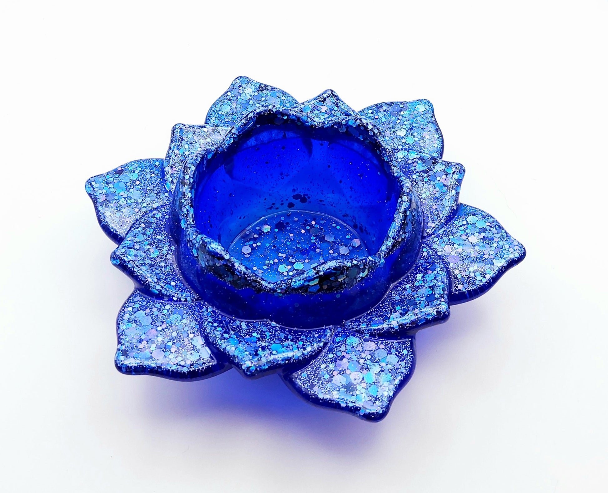 Porte bougie "Grande Fleur de Lotus" - Bleu avec paillettes - PRETTY RESINE