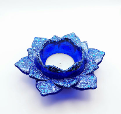 Porte bougie "Grande Fleur de Lotus" - Bleu avec paillettes - PRETTY RESINE