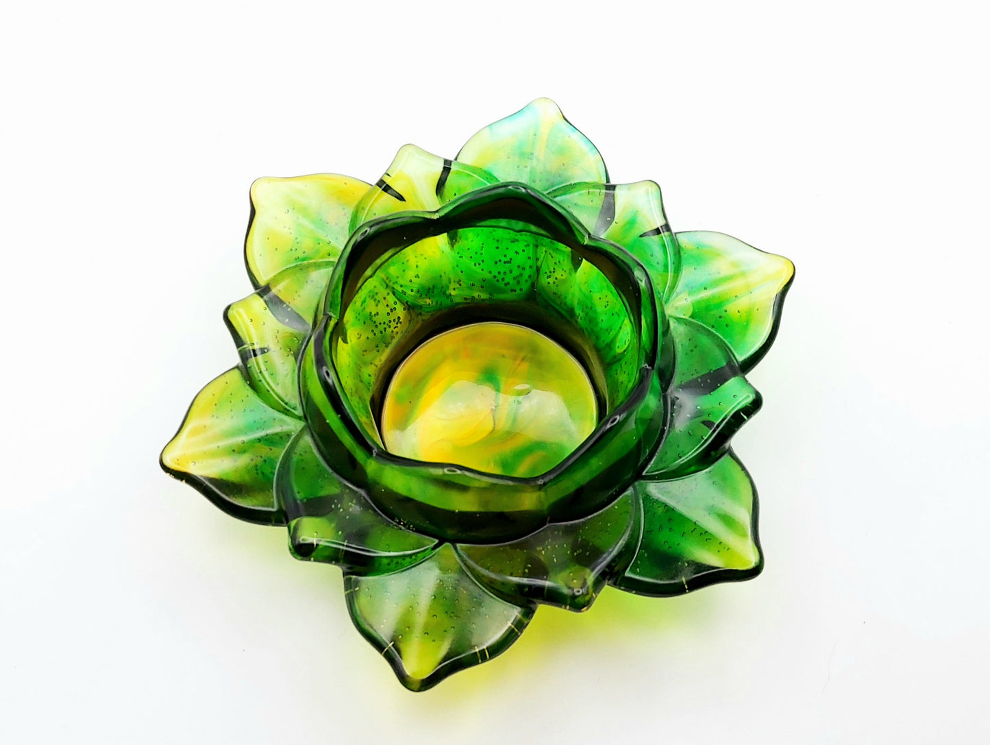 Porte bougie "Grande Fleur de Lotus" - Vert et jaune - PRETTY RESINE