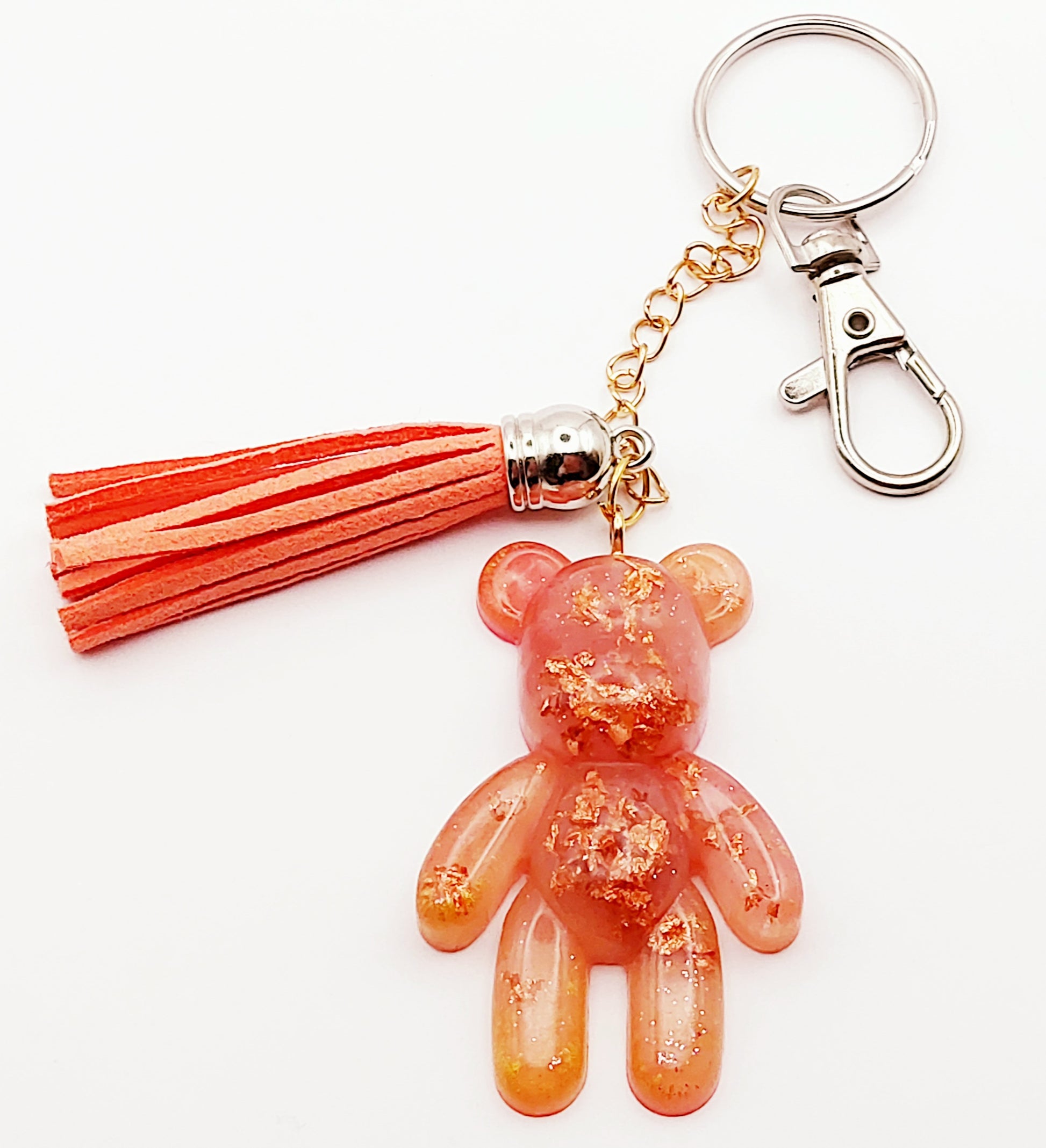 Porte-clés Papa Ours, en résine - Corail et feuille couleur cuivre - PRETTY RESINE