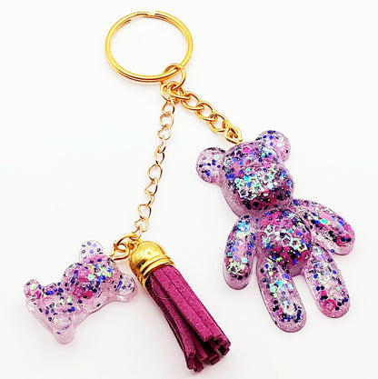 Porte-clés Papa Ours, en résine - Mauve et paillettes holographiques - PRETTY RESINE