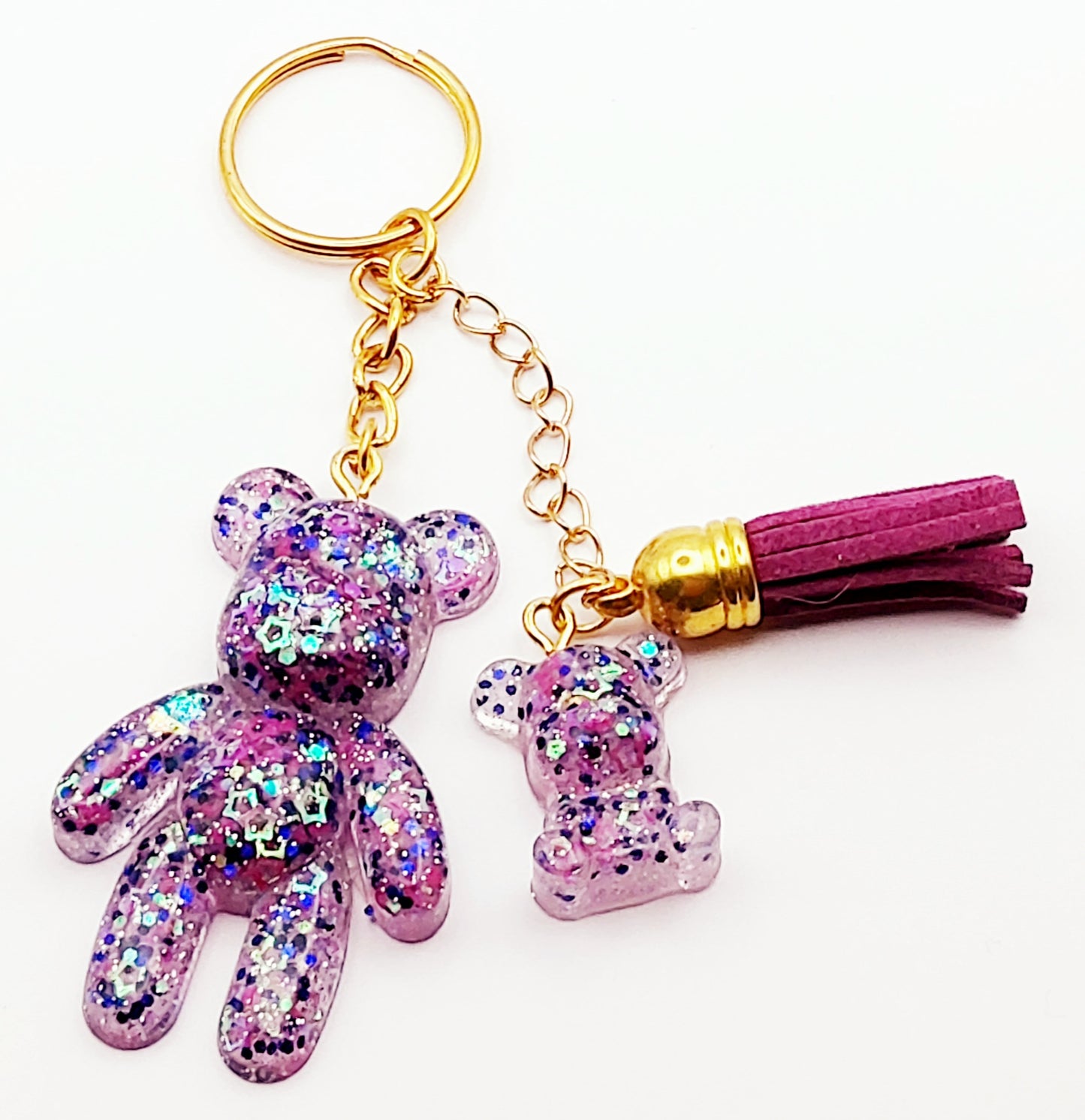 Porte-clés Papa Ours, en résine - Mauve et paillettes holographiques - PRETTY RESINE