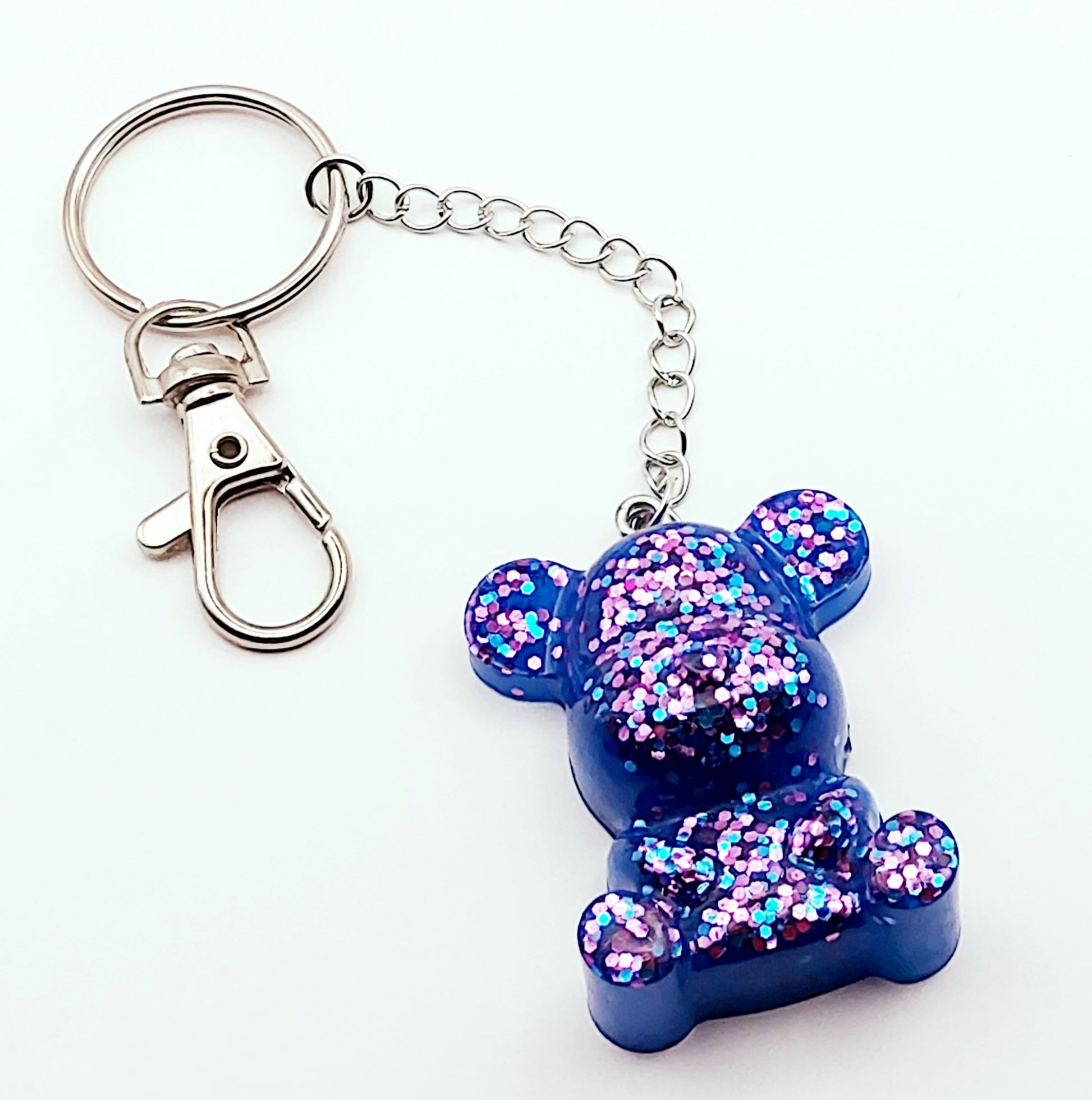 Porte-clés Maman Ours, en résine - Bleu avec paillettes holographiques roses - PRETTY RESINE