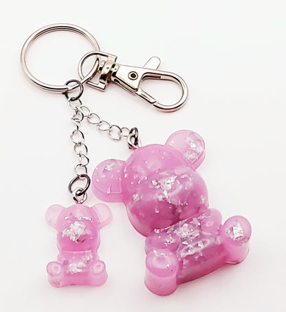 Porte-clés Maman Ours, en résine - Avec petit ourson - Rose et feuille d'argent - PRETTY RESINE 