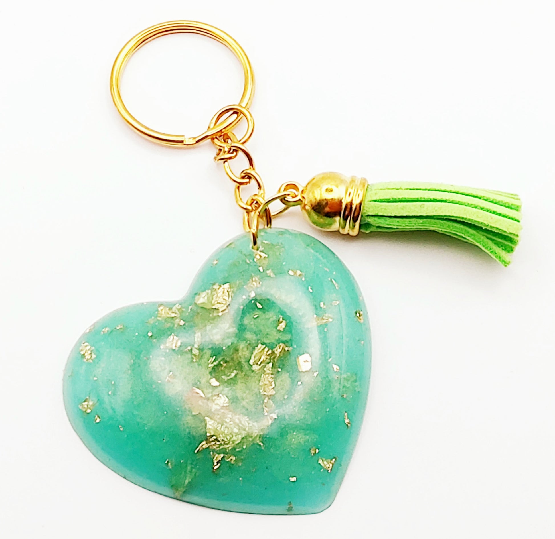 Porte-clés "Coeur", en résine époxy - Vert et feuille d'or - PRETTY RESINE