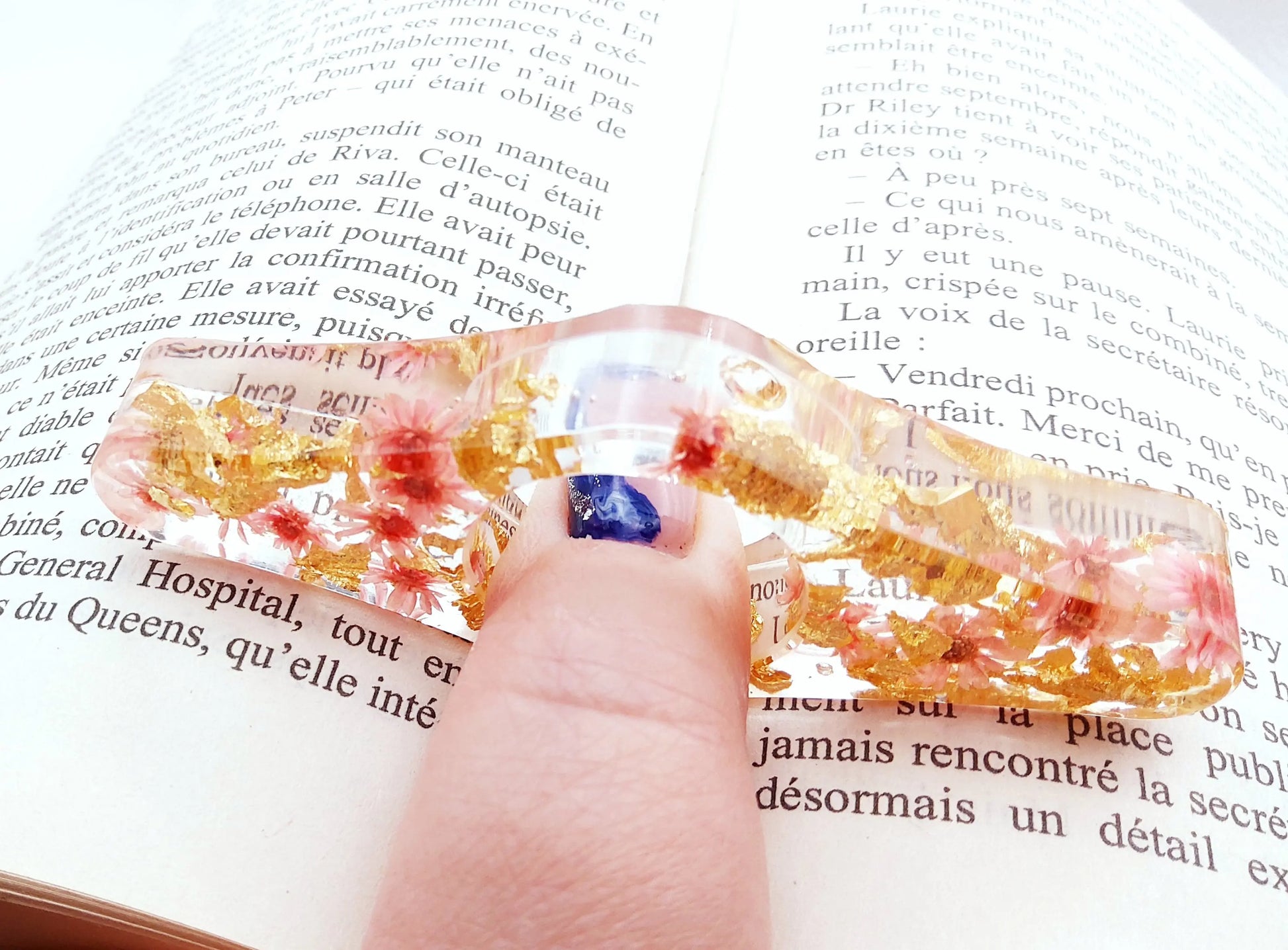 Bague de lecture Droite en résine époxy, fleurs roses, mode d'emploi