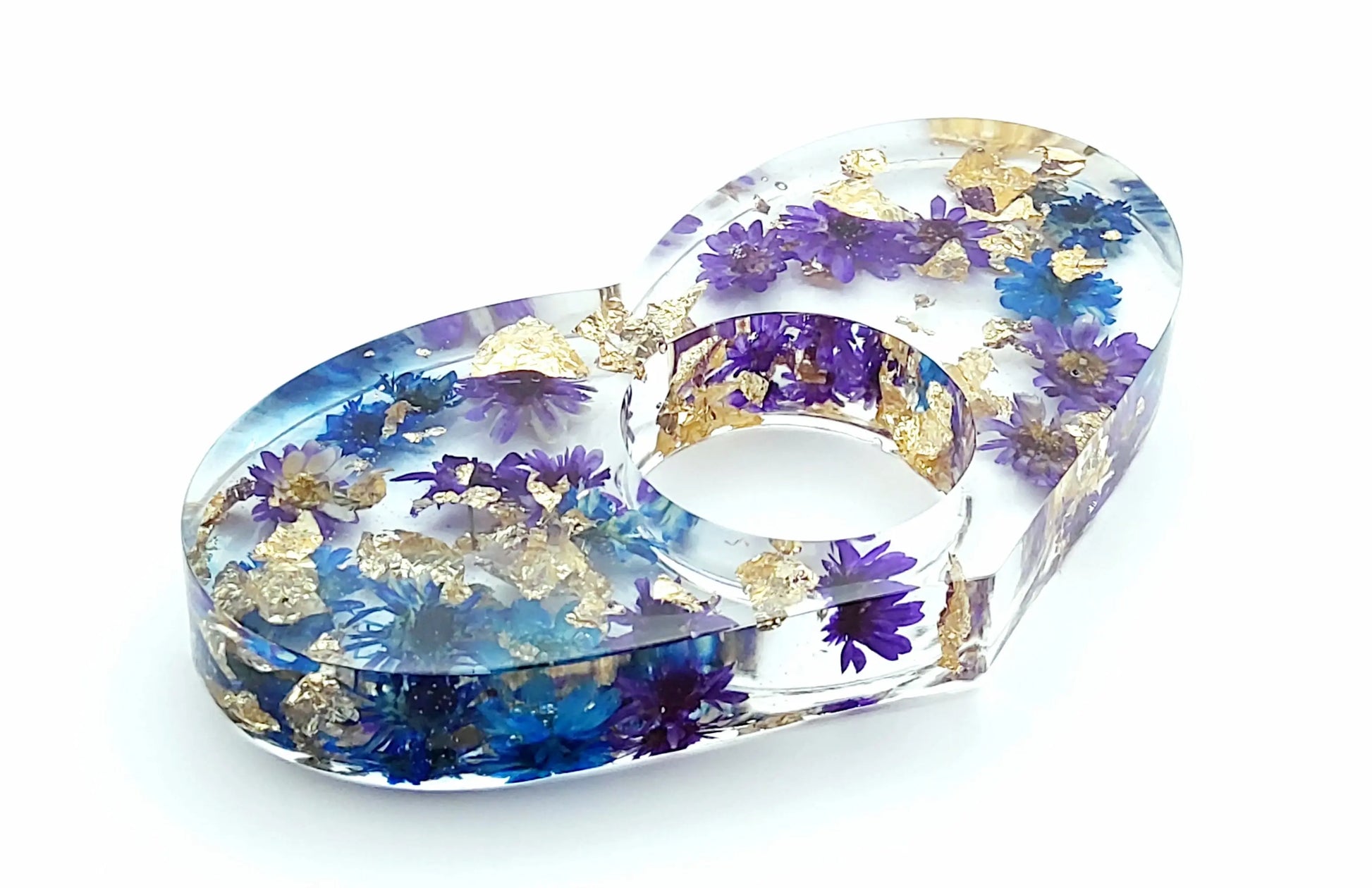 Bague de lecture "Coeur" en résine époxy - Fleurs bleues et violettes - Feuille d'or