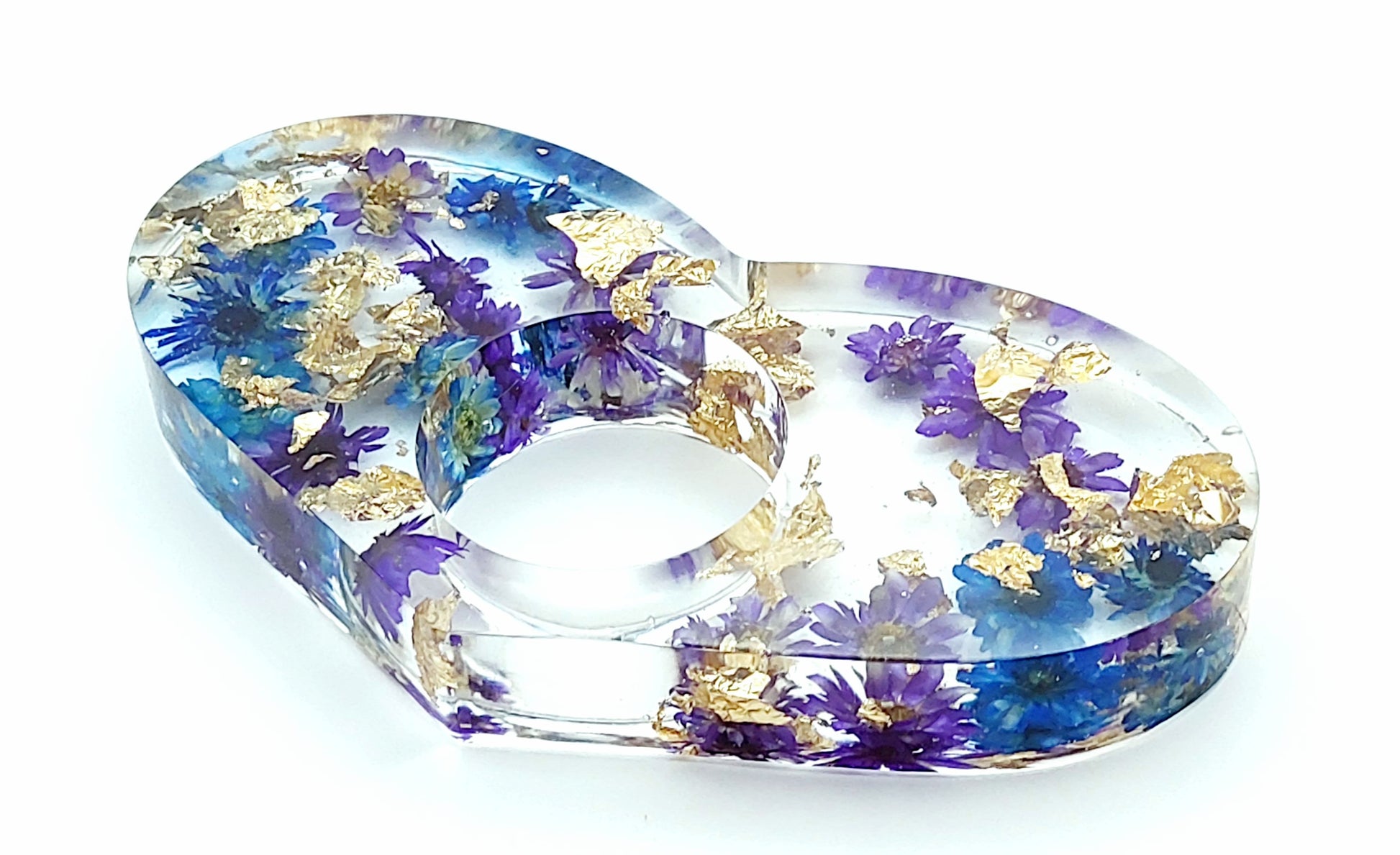 Bague de lecture "Coeur" en résine époxy - Fleurs bleues et violettes