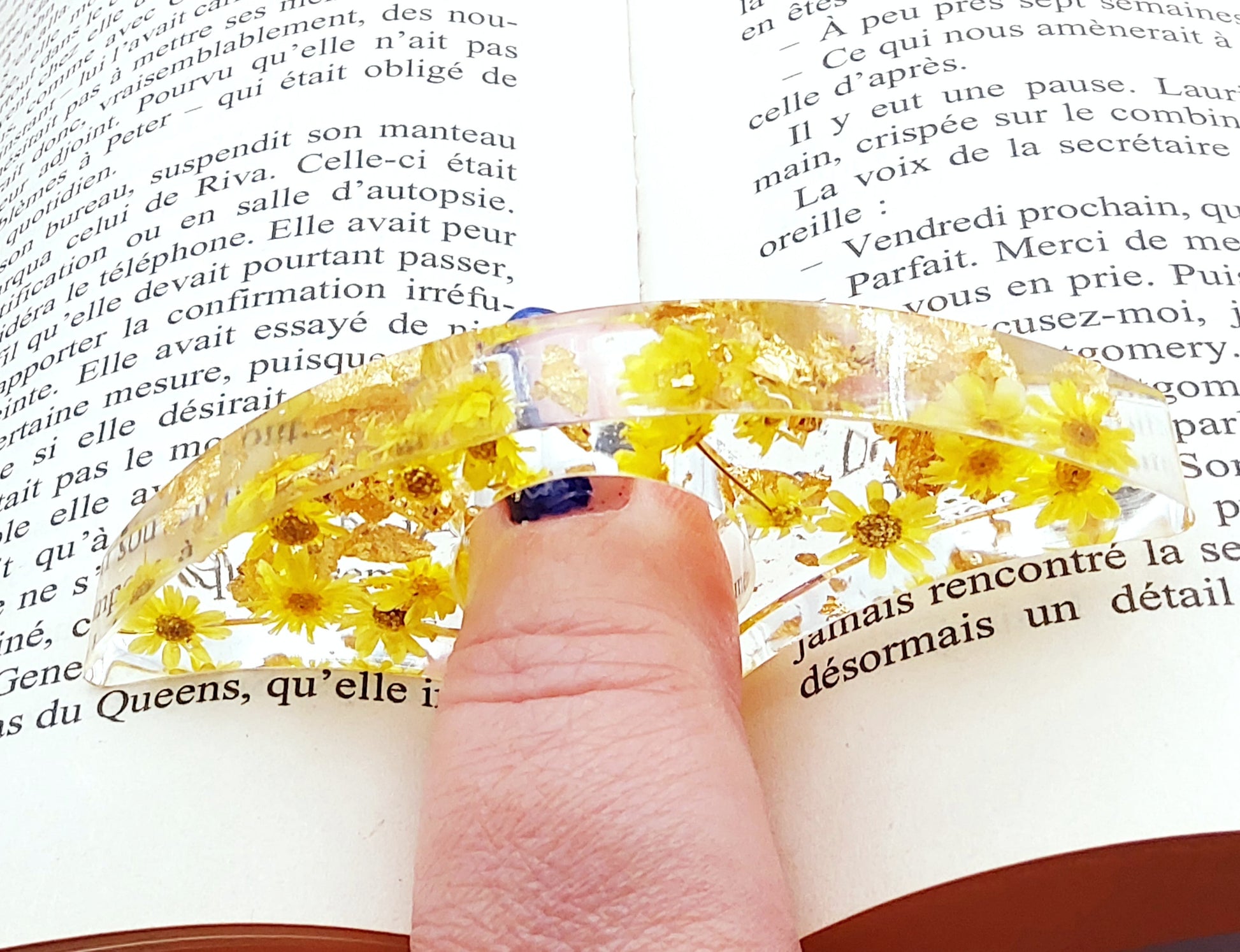 Bague de lecture arrondie en résine époxy, fleurs jaunes, mode d'emploi