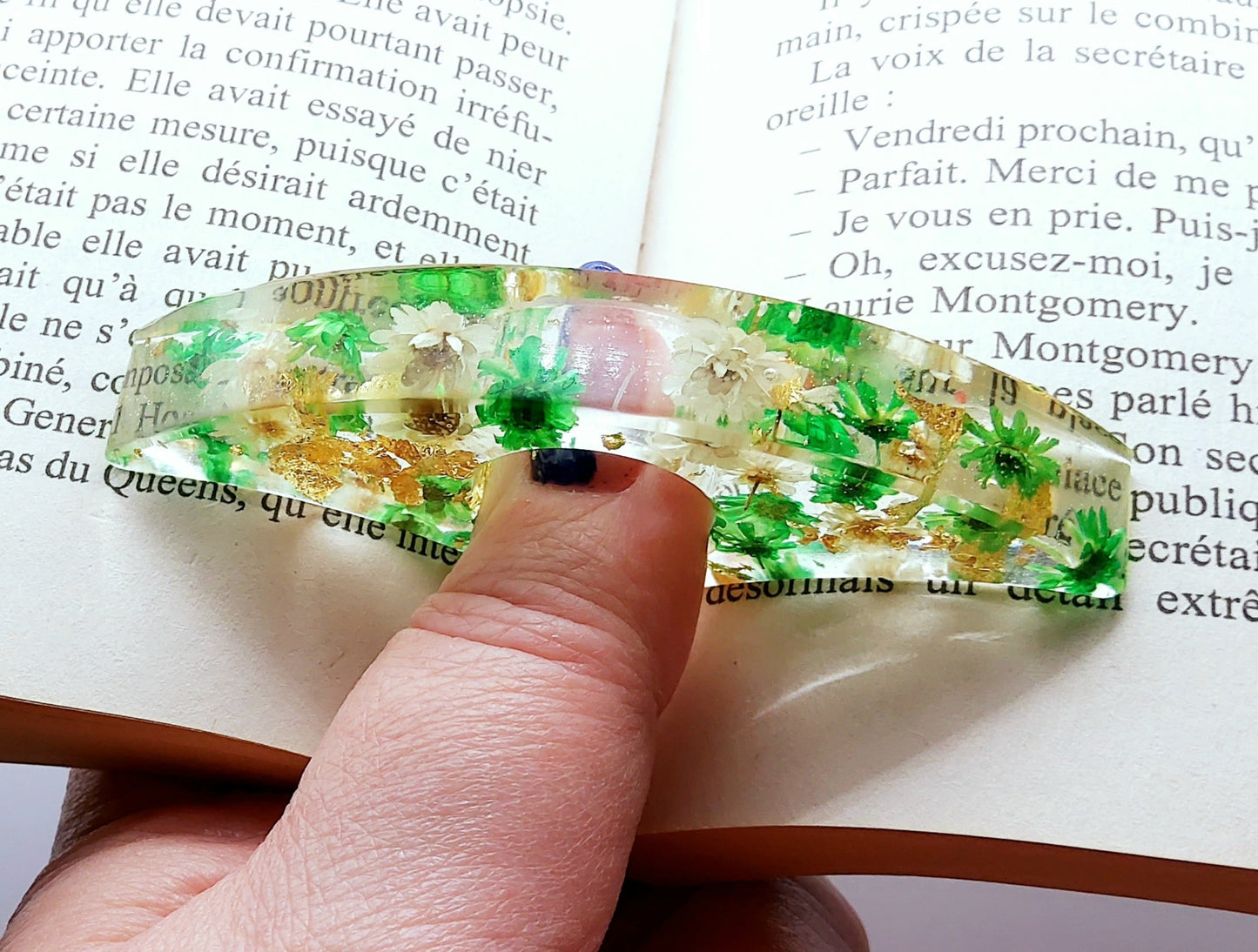 Bague de lecture arrondie en résine époxy, fleurs vertes, mode d'emploi