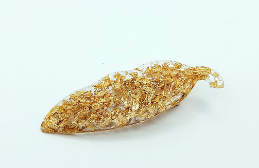 Barrette "Feuille" en résine époxy, transparente avec inclusion de feuille d'or.