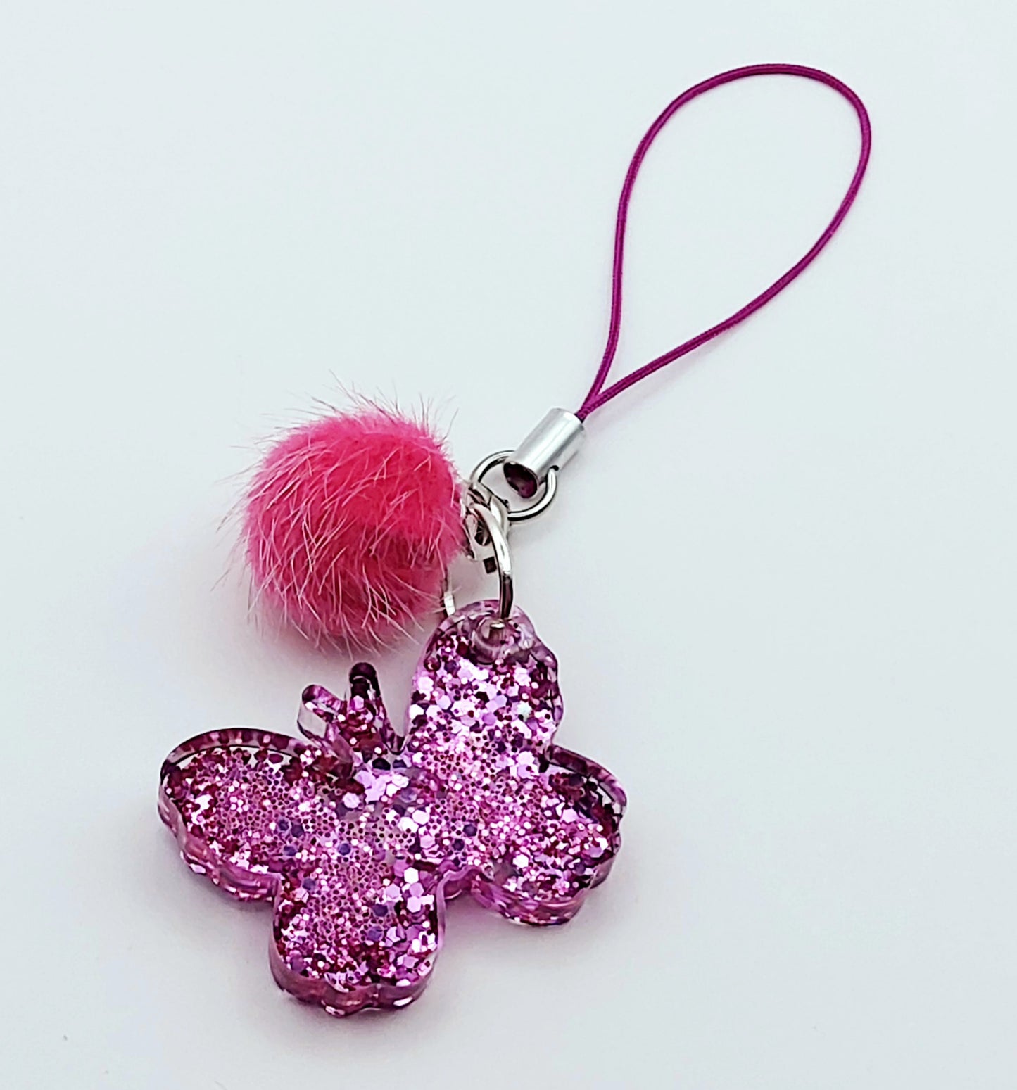 Bijou de téléphone portable Papillon en résine époxy - Rose et paillettes violettes