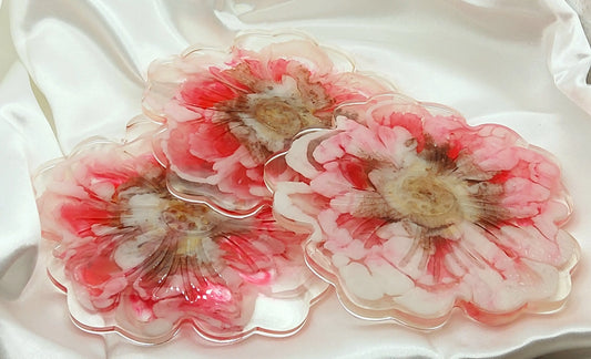 Ensemble de 3 Dessous de verres FLEURS en résine époxy. Rose, blanc et or