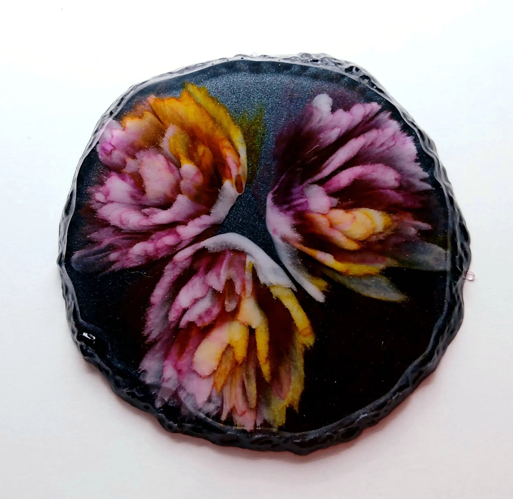 DESSOUS DE VERRES FLEURS en résine. Fleurs multicolores. Fond gris pailleté - PRETTY RESINE