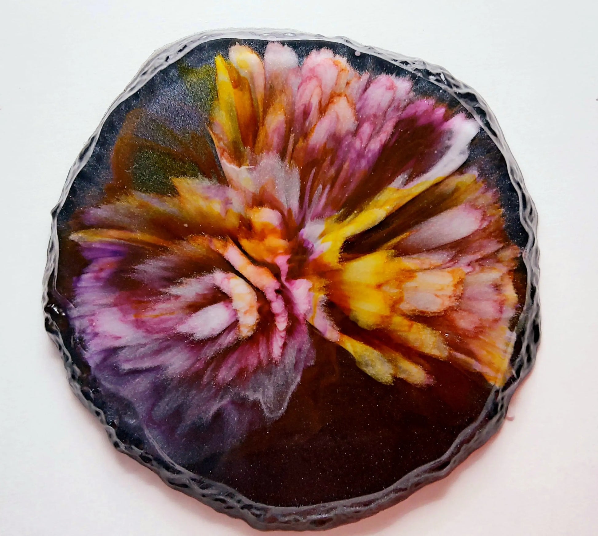 DESSOUS DE VERRES FLEURS en résine. Fleurs multicolores. Fond gris pailleté - PRETTY RESINE