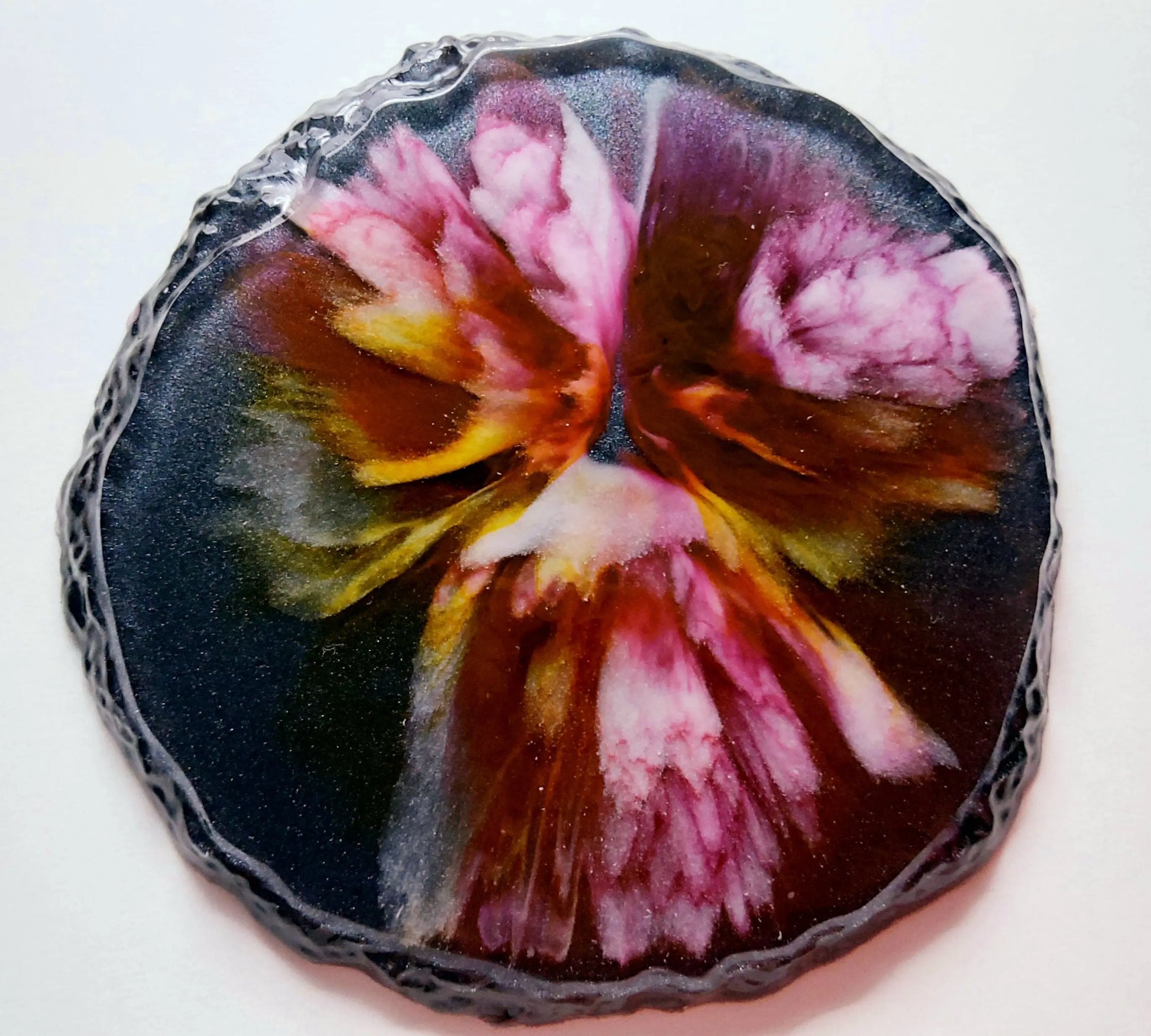 DESSOUS DE VERRES FLEURS en résine. Fleurs multicolores. Fond gris pailleté - PRETTY RESINE